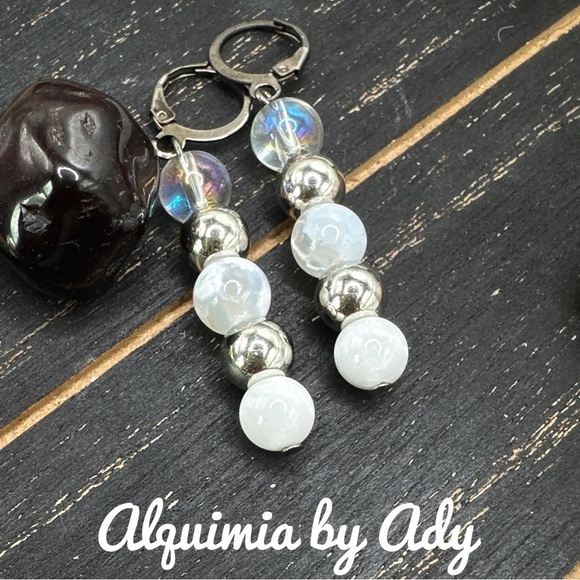 Alquimia Silver and White Crystal Earrings with Light Blue Accent selenite jade - Picture 1 of 1